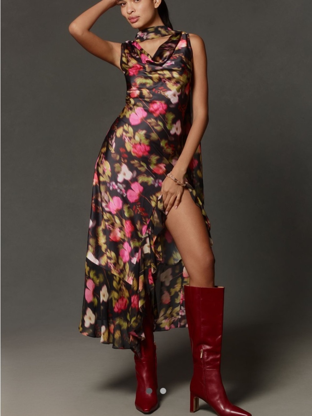 En Saison Black Floral High-Low Maxi Dress with Pink Accents